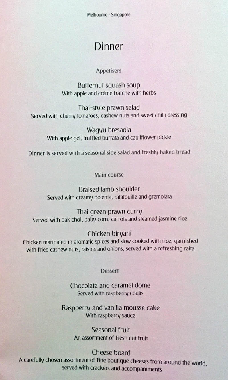 Emirates Business Class Menu