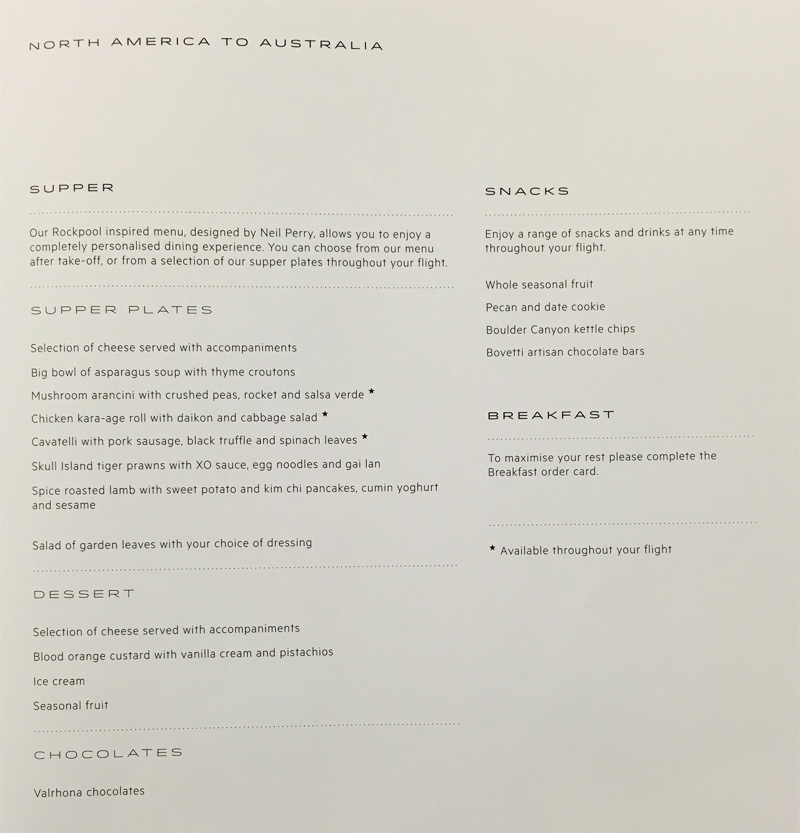 Qantas business class food menu